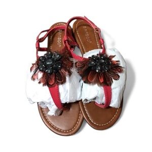 Bamboo Red Sandals with Bejeweled and Feathered Detail